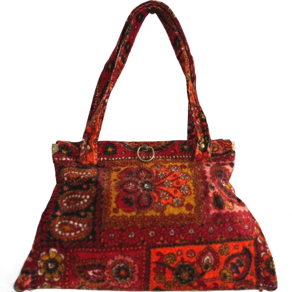 Vintage Carpet Bag Handbag Womens Medium Red Paisley 1960s Boho Tapestry Purse